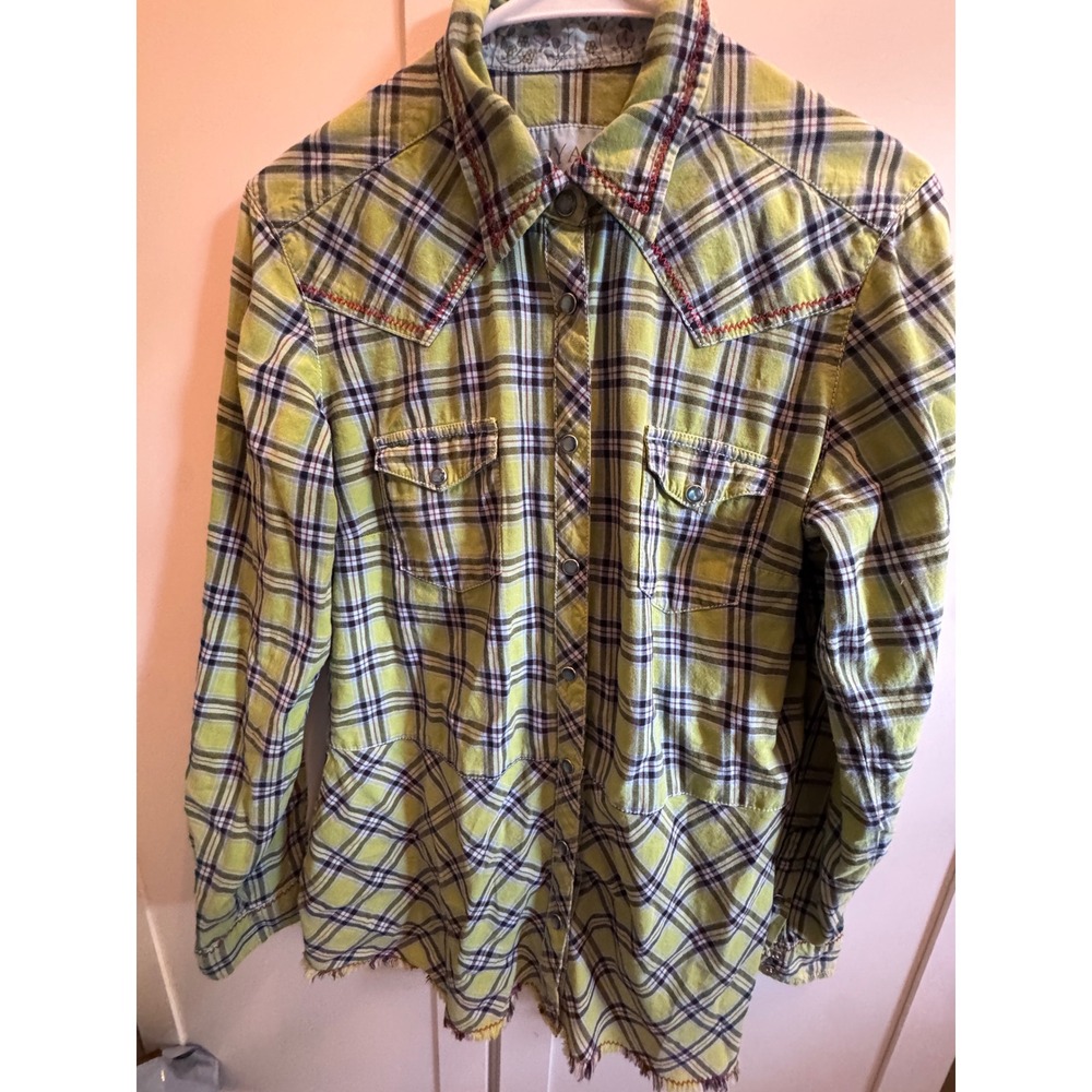 Ryan Michael Womens Lime Green Plaid Western Snap Shirt Fringe Hem Medium